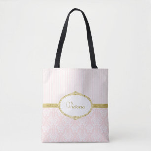 Tote Bag Elégant rose Damask Vintage Gold Frame et nom