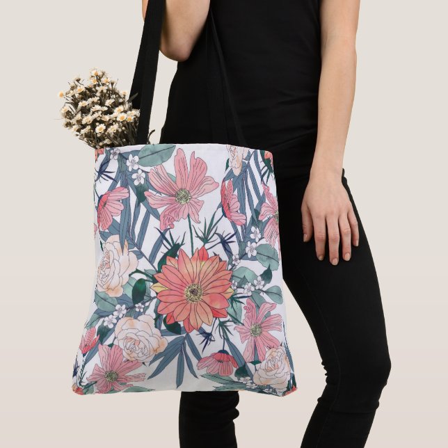 Tote Bag Elégant rose Fleurs Aquarelle Floral (De près)