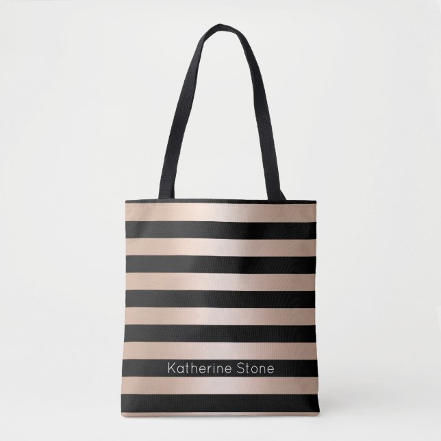 Tote Bag Élégant rose moderne de poulet doré noir rayé (Devant)