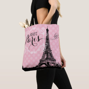 Tote Bag Élégant rose Paris Eiffel Tower Monogramme Nom
