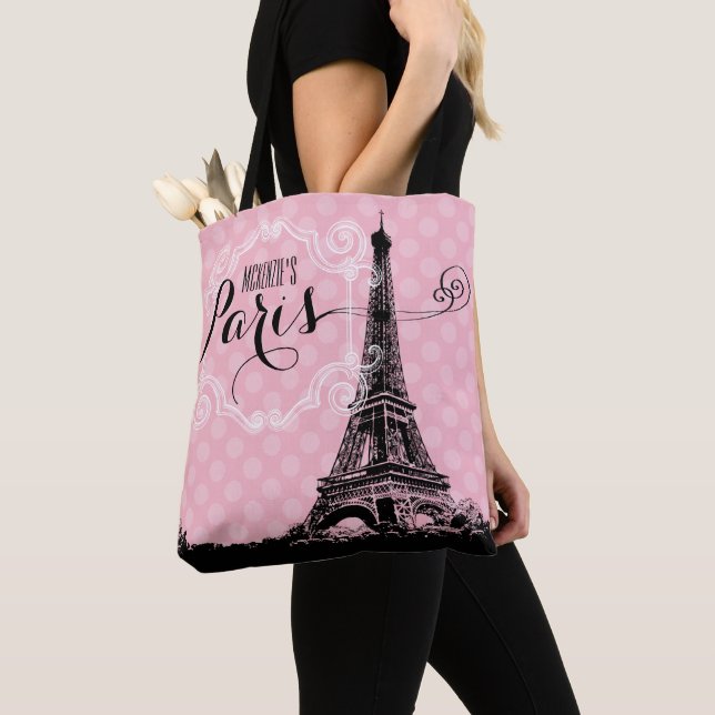 Tote Bag Élégant rose Paris Eiffel Tower Monogramme Nom (De près)