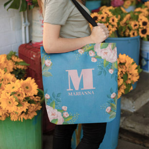 Tote Bag Élégant Rose rose Vintage Monogramme Simple Floral
