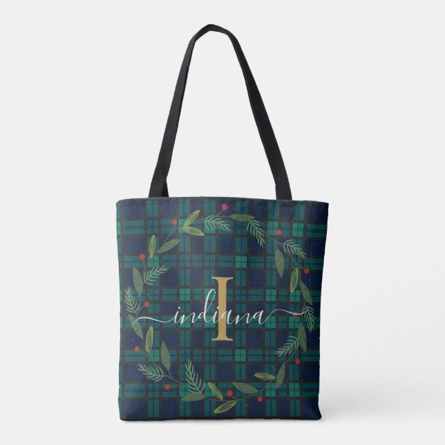 Tote Bag Élégant Rustique Plaid Monogramme Script Wreath Ta (Dos)