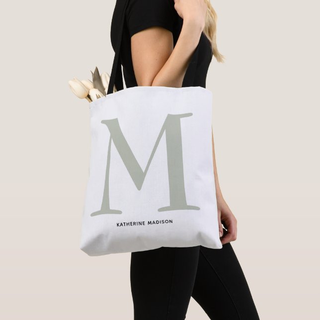 Tote Bag Élégant Sage Green Nom du monogramme (De près)