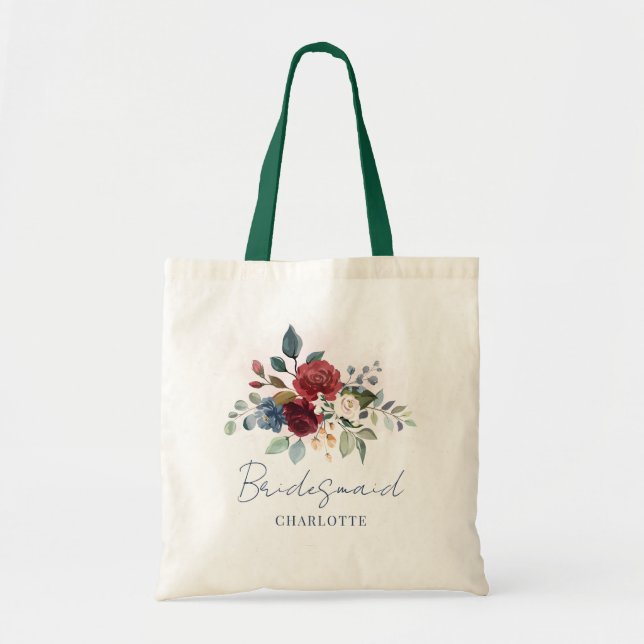 Tote Bag Élégant Script Floral Bordeaux Robe de Demoiselle  (Devant)