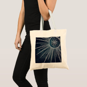 Tote Bag Elegant Silver Sun Moon Doodle Mandala Blue Design
