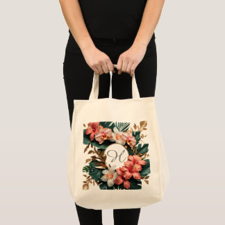 Tote Bag Elegant Tropical Floral Monogram Grocery Shopping 