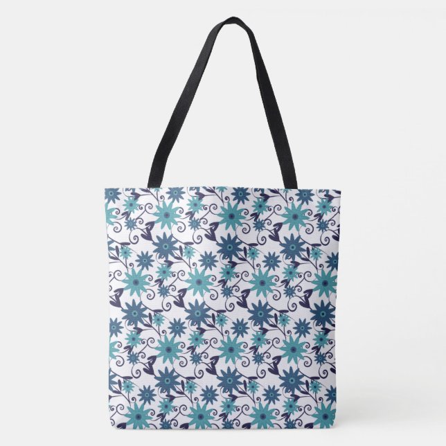 Tote Bag Elegant  turquoise and blue flowers (Devant)