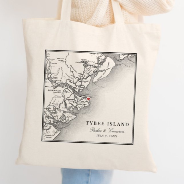 Tote Bag Elégant Tybee Island Géorgie Carte Mariage (Tybee Island Georgia personalized wedding tote bag favor elegant black and white map)
