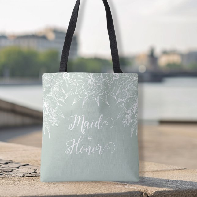 Tote Bag Élégant Vert Clair et Blanc Contour Floral Mariage (Créateur téléchargé)