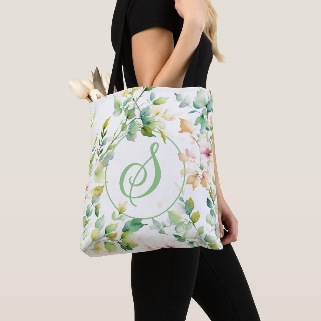 Tote Bag Elégant vert fleurs sauvages d'aquarelle (De près)