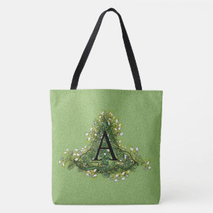 Tote Bag Élégant vert Vintage Floral initial Un monogramme