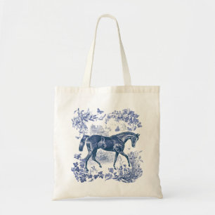 Tote Bag Elégant Vintage Rustic Blue Horse Country Toile