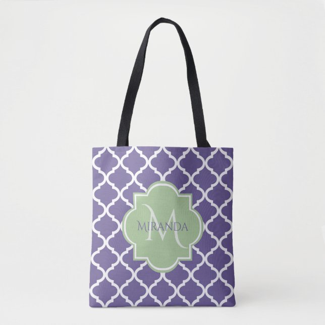 Tote Bag Élégant violet Quatrefoil et nom vert Monogramme (Devant)