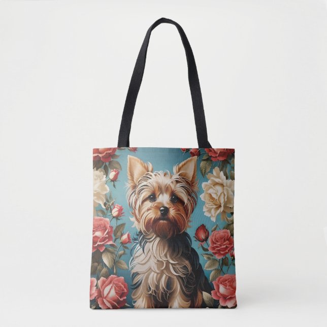 Tote Bag Elégant Yorkshire Terrier Portrait Rose Garden (Devant)