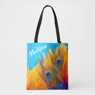 Tote Bag Elégante Aqua Blue et Yellow Peacock's Feathers