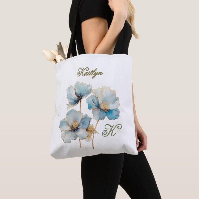 Tote Bag Elégante aquarelle Blue Poppies Monogramme Nom (De près)