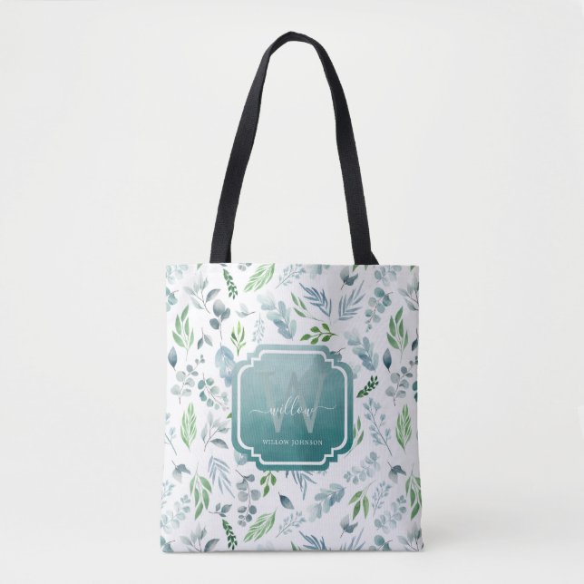 Tote Bag Elégante aquarelle Botanique Verdure Monogramme (Devant)
