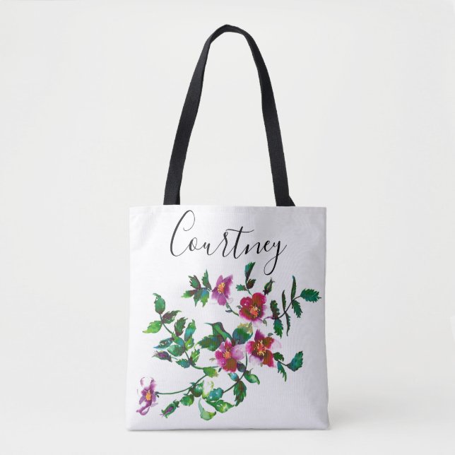 Tote Bag Elégante aquarelle moderne fleur sauvage rose fonc (Devant)