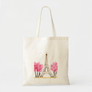 Tote Bag Elégante aquarelle rose fleurs Eiffel tour Paris