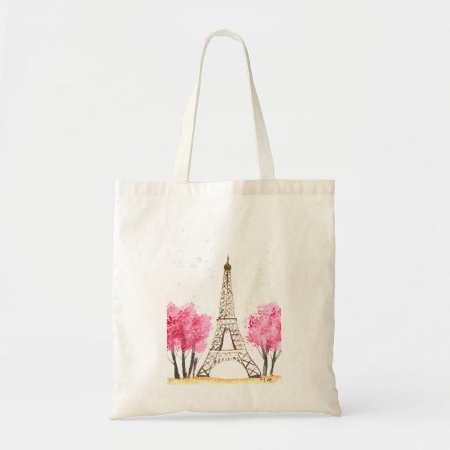 Tote Bag Elégante aquarelle rose fleurs Eiffel tour Paris (Devant)