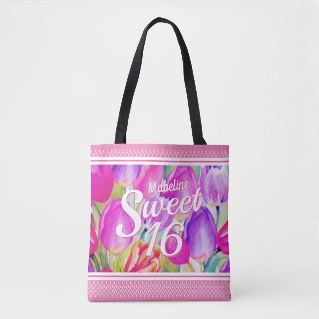 Tote Bag Elégante aquarelle rose florale avec finition rose (Devant)