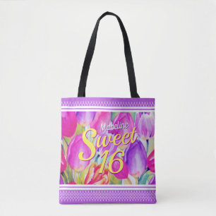 Tote Bag Elégante aquarelle rose florale avec finition viol