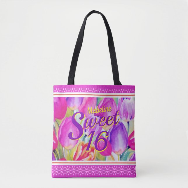 Tote Bag Elégante aquarelle rose florale avec pourpre (Devant)