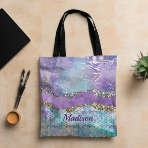 Tote Bag Élégante crème de sirène violet turquoise monogram