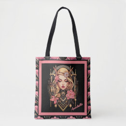 Tote Bag Élégante fille Boho noir et rose