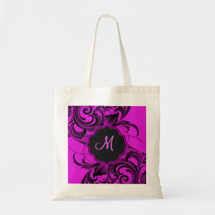 Tote Bag Élégante Flore Noire Et Rose Chaud - Monogramme
