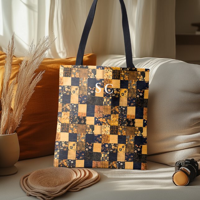 Tote Bag Elégante Fourre-tout en Patchwork avec Floral Bleu (Créateur téléchargé)