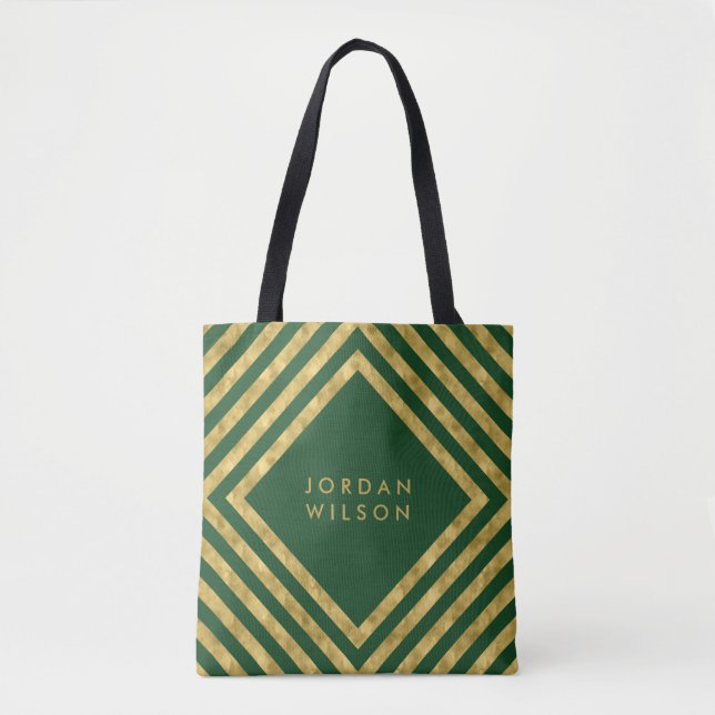 Tote Bag Elégante Green Faux Gold Lignes Carrés géométrique (Devant)