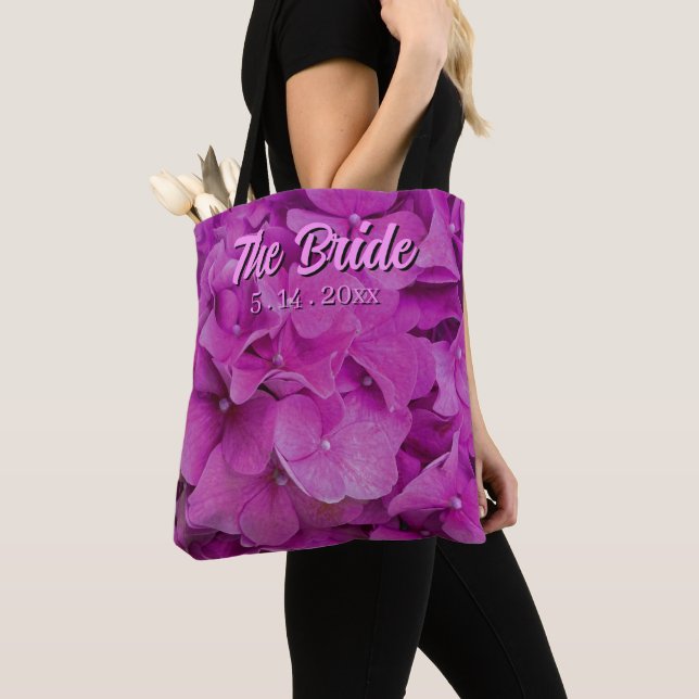 Tote Bag Elégante magenta rose hydrangée florale roses (De près)