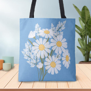 Tote Bag Elégante marguerite florale blanche sur bleu