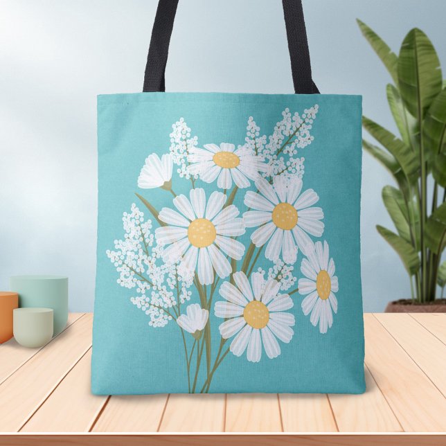 Tote Bag Elégante marguerite florale blanche sur Turquoise (Créateur téléchargé)