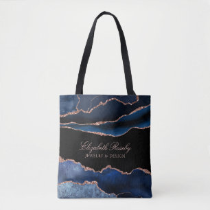 Tote Bag Élégante Marine Blue Rose Gold Agate Geode Busines