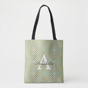 Tote Bag Élégante Monnaie Verte Monogramme Or Géométrique