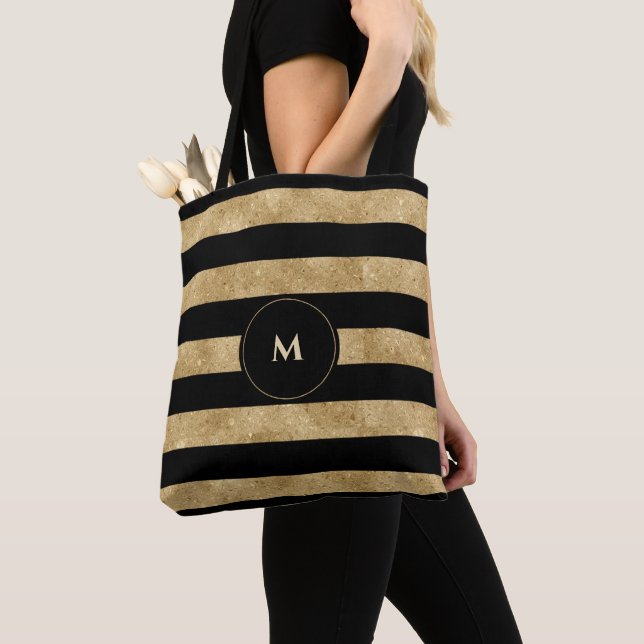 Tote Bag Élégante Parties scintillant d'or noir Monogramme  (De près)