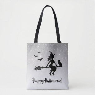 Tote Bag Elégante Sorcière Gris Et Noir Joyeux Halloween