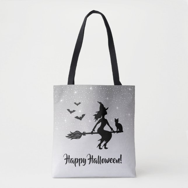 Tote Bag Elégante Sorcière Gris Et Noir Joyeux Halloween (Devant)