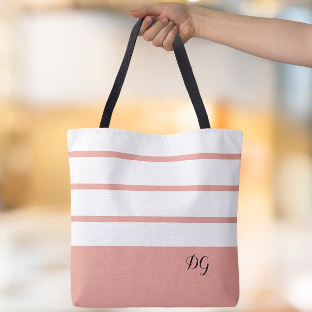 Tote Bag Élégantes initiales de monogramme à rayures modern (Elegant Modern Bold Stripes Monogram Initials Pink & White Canvas Shopping Shoulder Tote Bag)