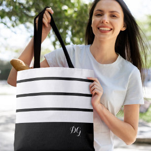 Tote Bag Élégantes Initiales Monogramme Rayure Moderne Gras