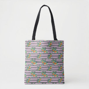 Tote Bag Elégantes rayures florales - Fleur noire et rose