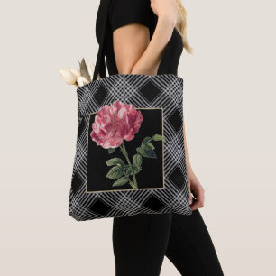 Tote Bag Élégantes rayures noires et blanches avec fleurs