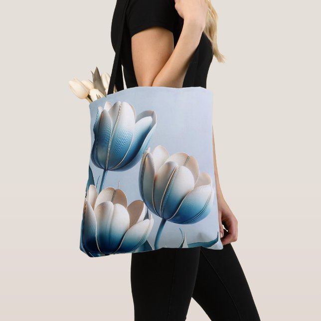 Tote Bag Élégantes tulipes bleues et blanches (De près)