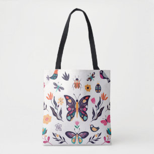 Tote Bag Eléments de printemps Papillons Oiseaux Fleurs