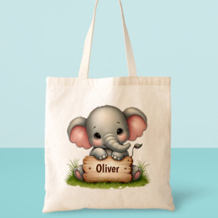Tote Bag Éléphant de bébé mignon tenant un panneau de nom