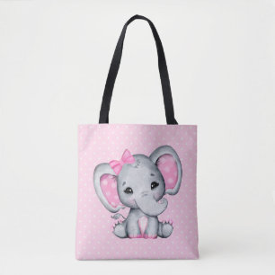 Tote Bag Eléphant de bébé rose mignon avec oreilles Poka Do