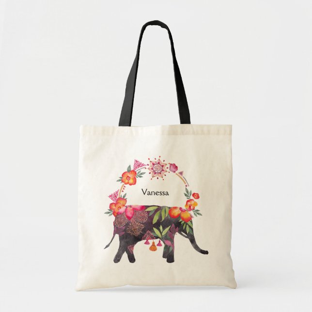 Tote Bag Eléphant de fleurs avec couronne de mandala (Devant)